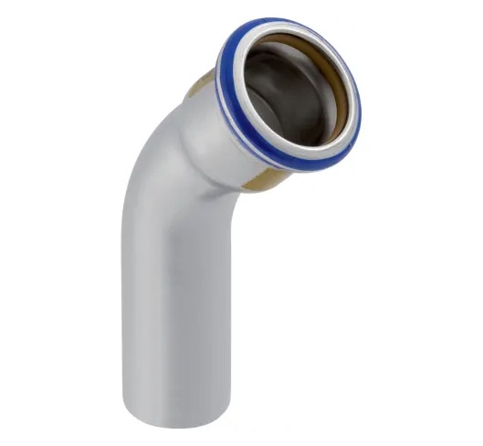 Coude Geberit Mapress acier inoxydable avec extrémité à emboîter (gaz): 45° d108mm
Traits:
- Manchon à sertir avec bouchon de protection jaune
- Marqué en jaune
- Non serti non étanche
- Indicateur de sertissage
- Joint d'étanchéité en HNBR jaune
- Sans silicone
Usage:
- Pour biogaz
- Pour gaz liquéfiés
- Pour gaz naturels