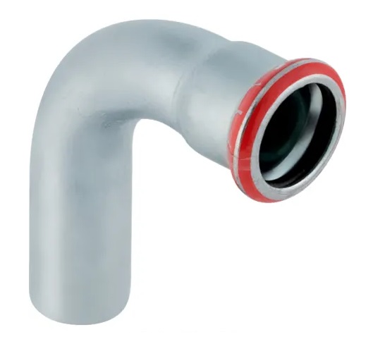 Coude Geberit Mapress acier carbone avec extrémité à emboîter: 90° d76.1mm
Traits:
- Galvanisé à l'extérieur
- Non serti non étanche
- Joint d'étanchéité en CIIR noir
- Indicateur de sertissage
- Manchon à sertir avec bouchon de protection transparent
Usage:
- Pour eau d'extinction d'incendie (mouillé)
- Pour lʼeau de refroidissement et de chauffage sans antigel
- Pour lʼeau de refroidissement et de chauffage avec antigel
- Pour sprinkler (mouillé)
- Pour eau de chauffage urbain ≤ 120 °C