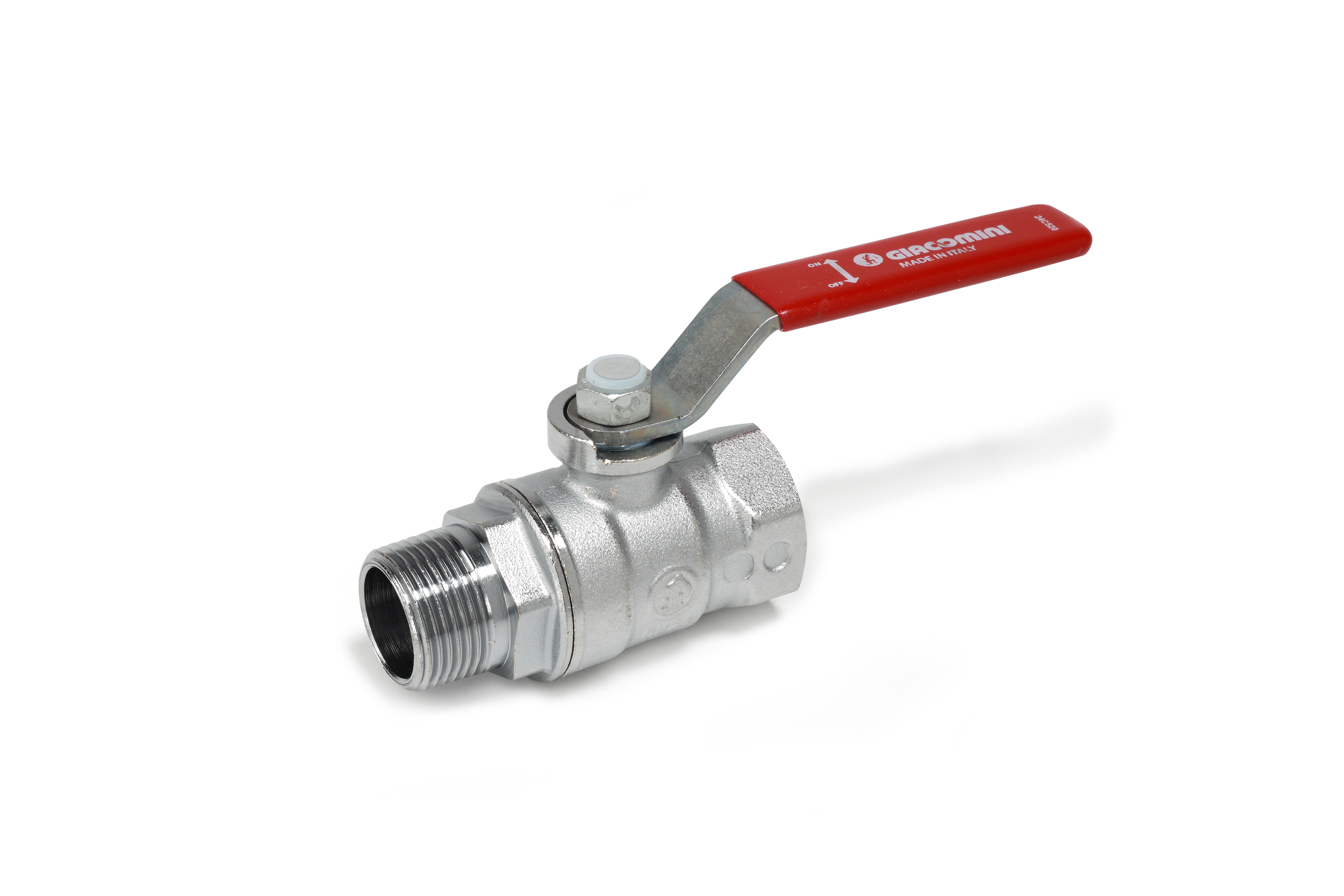 Description   Vanne à sphère en laiton chromé, avec raccords mâle-femelle.  Poignée rouge.  ,    Caractéristiques techniques:   Caractéristiques principales et matériaux  - Convient pour l'eau des systèmes de chauffage/refroidissement, les gaz  &nbsp; non dangereux et les hydrocarbures liquides*  - Passage standard  - Vanne en laiton chromé ou non chromé UNI EN 12165 CW617N  - Tige de commande avec double joint torique  - Ecrou avec revêtement anti-corrosion, sceau de garantie et, &nbsp; hologramme  - Poignée en acier avec traitement anti-corrosion et revêtement en PVC  &nbsp; rouge  ,    Domaines d'application:   - Température min. de fonctionnement: -20°C avec des solutions, &nbsp; glycolées à 50%  - Température max. de fonctionnement avec de la vapeur saturée sèche:  &nbsp; 185°C avec 1,05 MPa (10,5 bar)  - Pression de service max. à 20°C avec de l'eau et des gazes non  &nbsp; dangereux:  &nbsp; 4,2 MPa (42 bar) pour 1/4”, 3/8”, 1/2”, 3/4”  &nbsp; 3,5 MPa (35 bar) pour 1”, 1-1/4”, 1-1/2”, 2”  - Plage de température avec des hydrocarbures liquides*: -20-60°C  - Pression de service max. à 20°C avec hydrocarbures liquides  &nbsp; hydrocarbures liquides*: 1,2 MPa (12 bar)  ,   * Vérifier auprès de l'assistance technique Giacomini la compatibilité du  &nbsp; produit avec l'hydrocarbure spécifique.