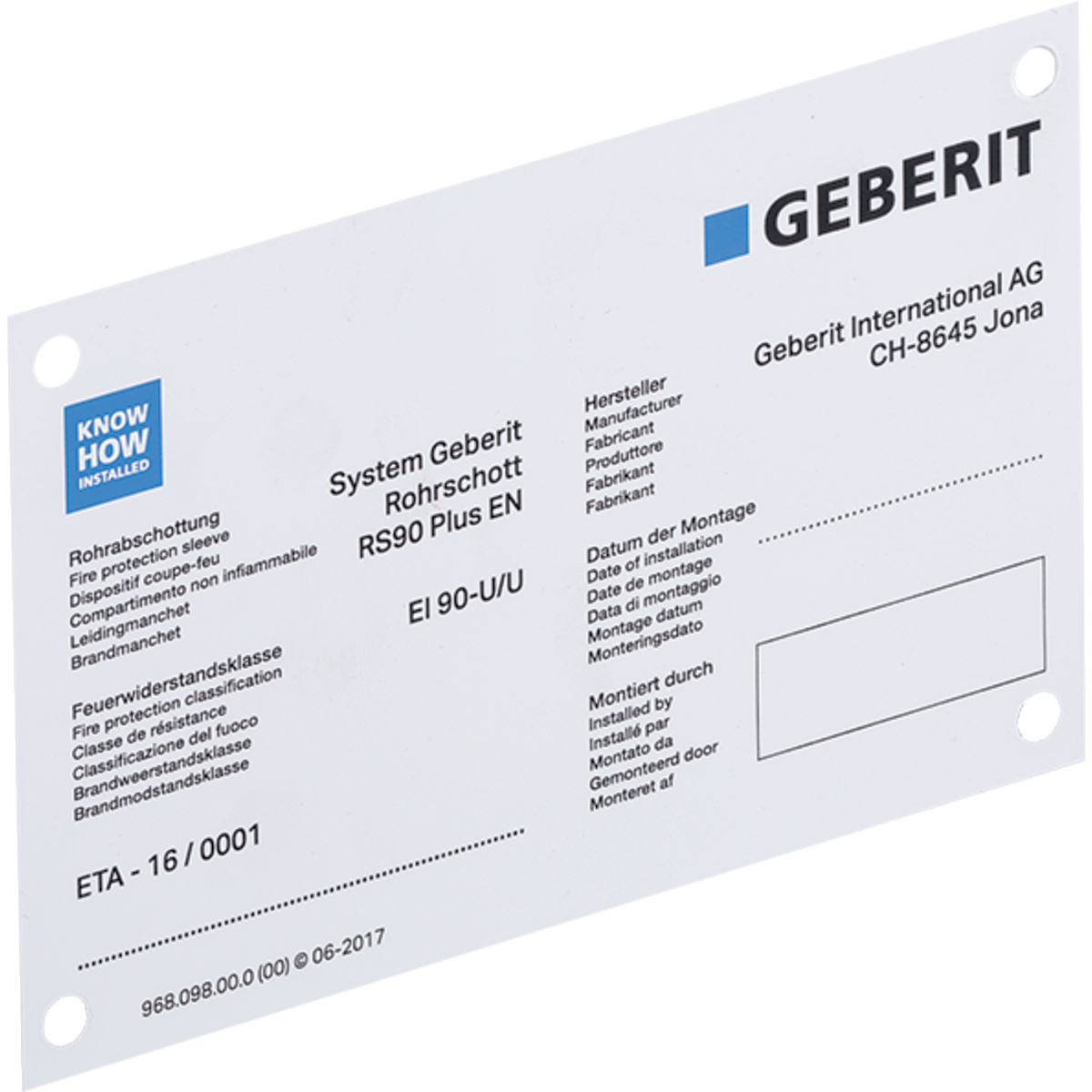 Plaque indicatrice, pour manchette coupe-feu Geberit RS90 Plus EN