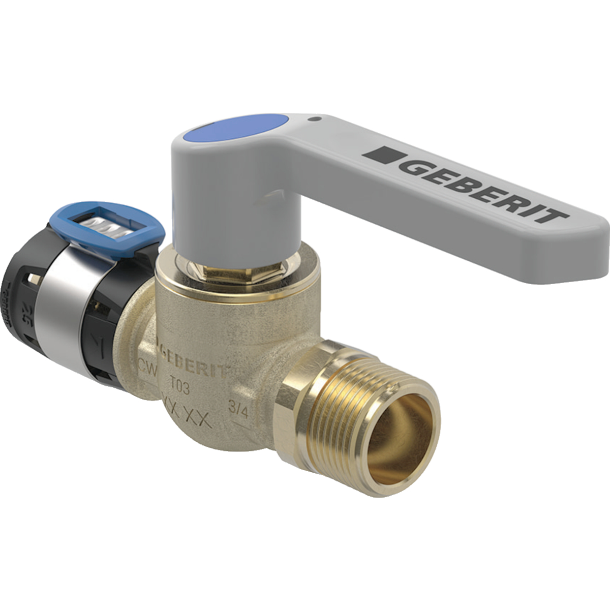 Robinet à bille Geberit FlowFit avec filetage extérieur et levier de déclenchement: d=20mm, R=3/4"