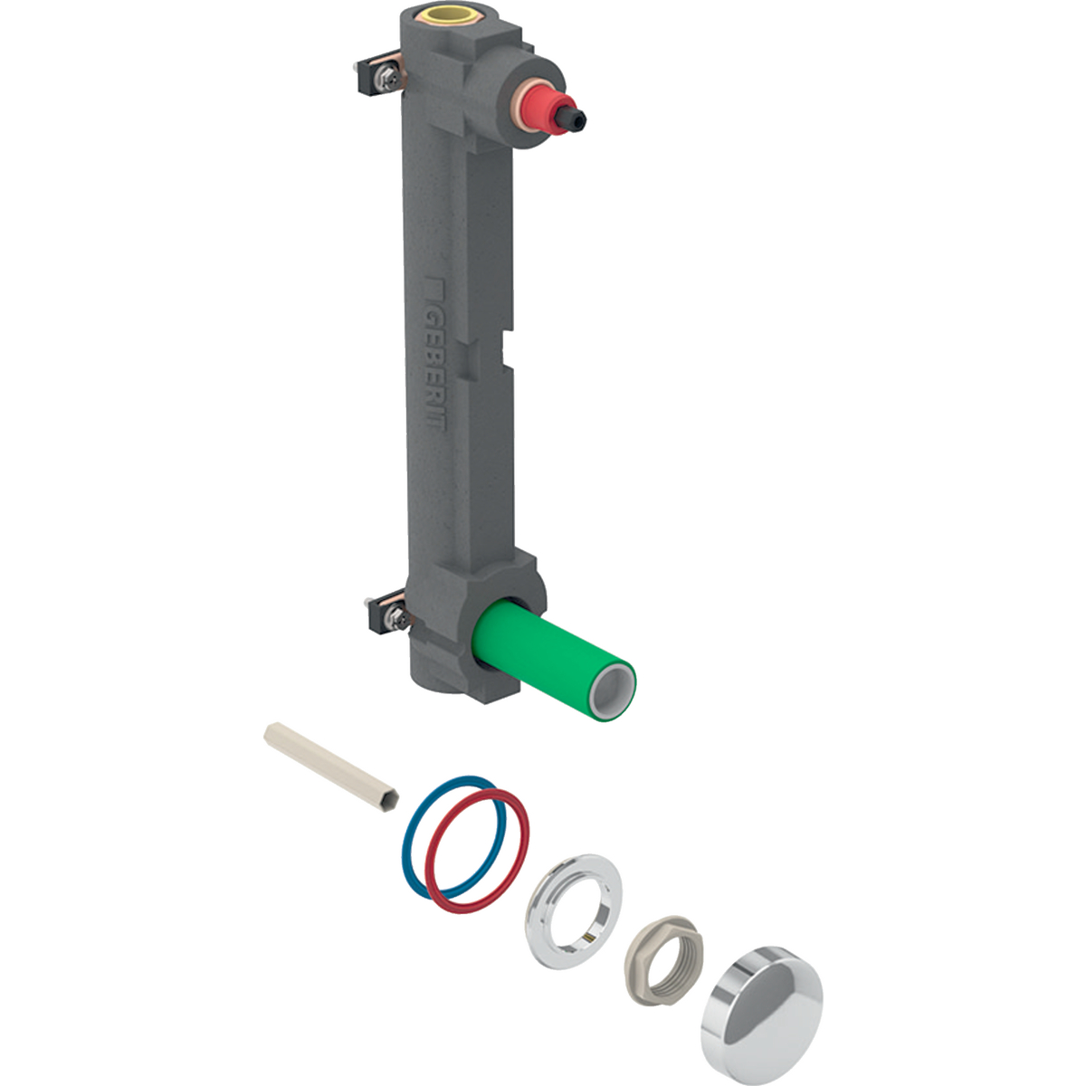 Prise d'eau Geberit avec robinet d'arrêt encastré JRG LegioStop® et té de raccordement: Rp3/4" Chromé brillant
Traits:
- Deux points de fixation pour cercle de perçage ø 60 mm
- Partie supérieure échangeable
- Joints du robinet et de la partie supérieure en EPDM
- Bouchon de protection pour essai de pression avec de l’eau froide jusqu'à 15 bar / 1500 kPa maximum
Usage:
- Pour eau potable froide et chaude
- Pour construction massive et sèche
- Pour plaques de montage Geberit Duofix et Geberit GIS
Livraison:
- Rosace de commande
- Anneaux d'identification des fluides (rouge, bleu)
- Isolation
- Matériel de fixation
- 2 bases d'isolation phonique