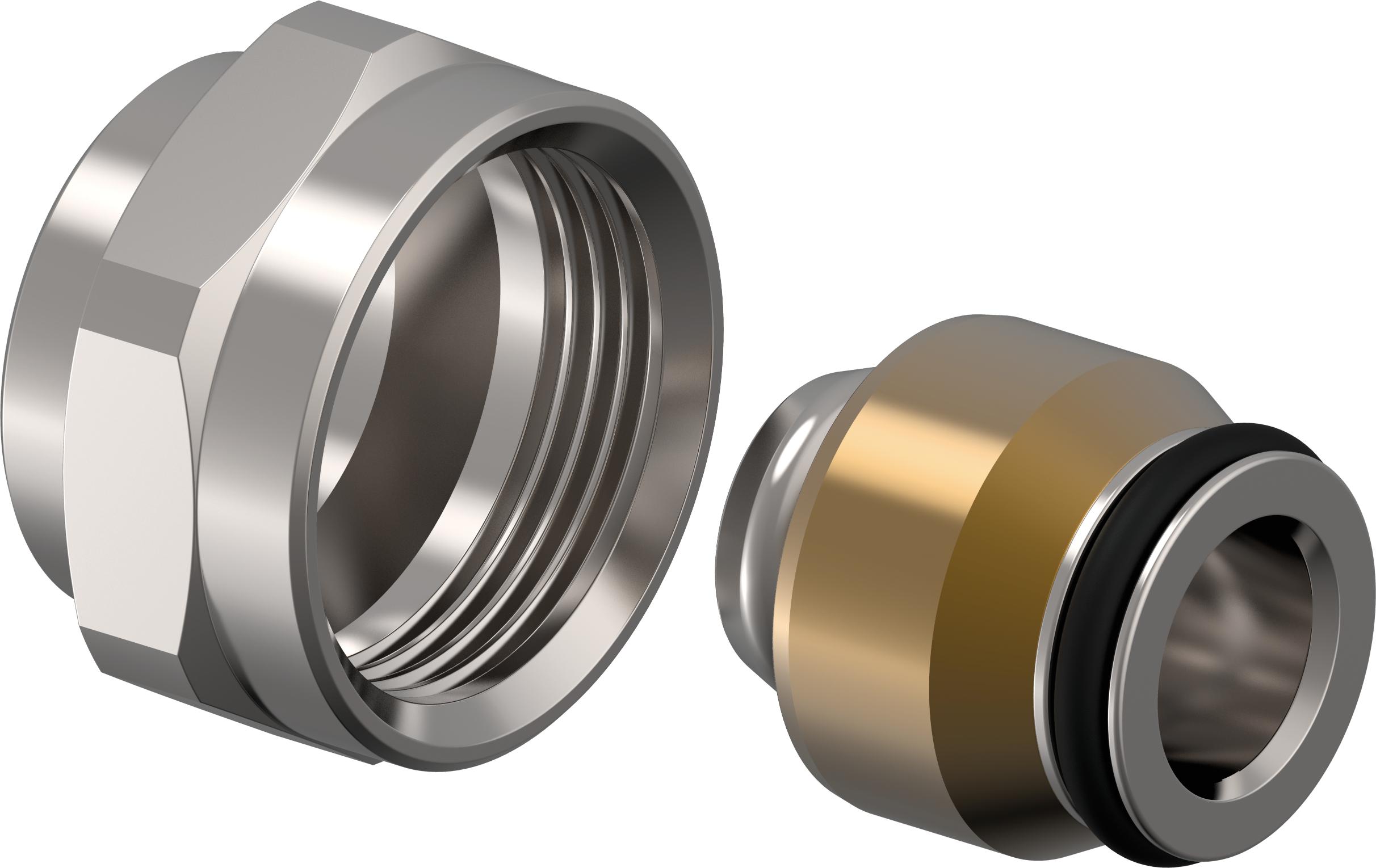 Raccord vissé en deux parties en laiton, avec écrou-raccord étamé et douille de pression
- Pour le raccordement des tubes composites Uponor, Uni Pipe PLUS / MLC, aux raccords coniques Euro ¾" AG
- Filetage intérieur selon DIN EN ISO 228-1
- Raccordement sans calibrage ni ébavurage