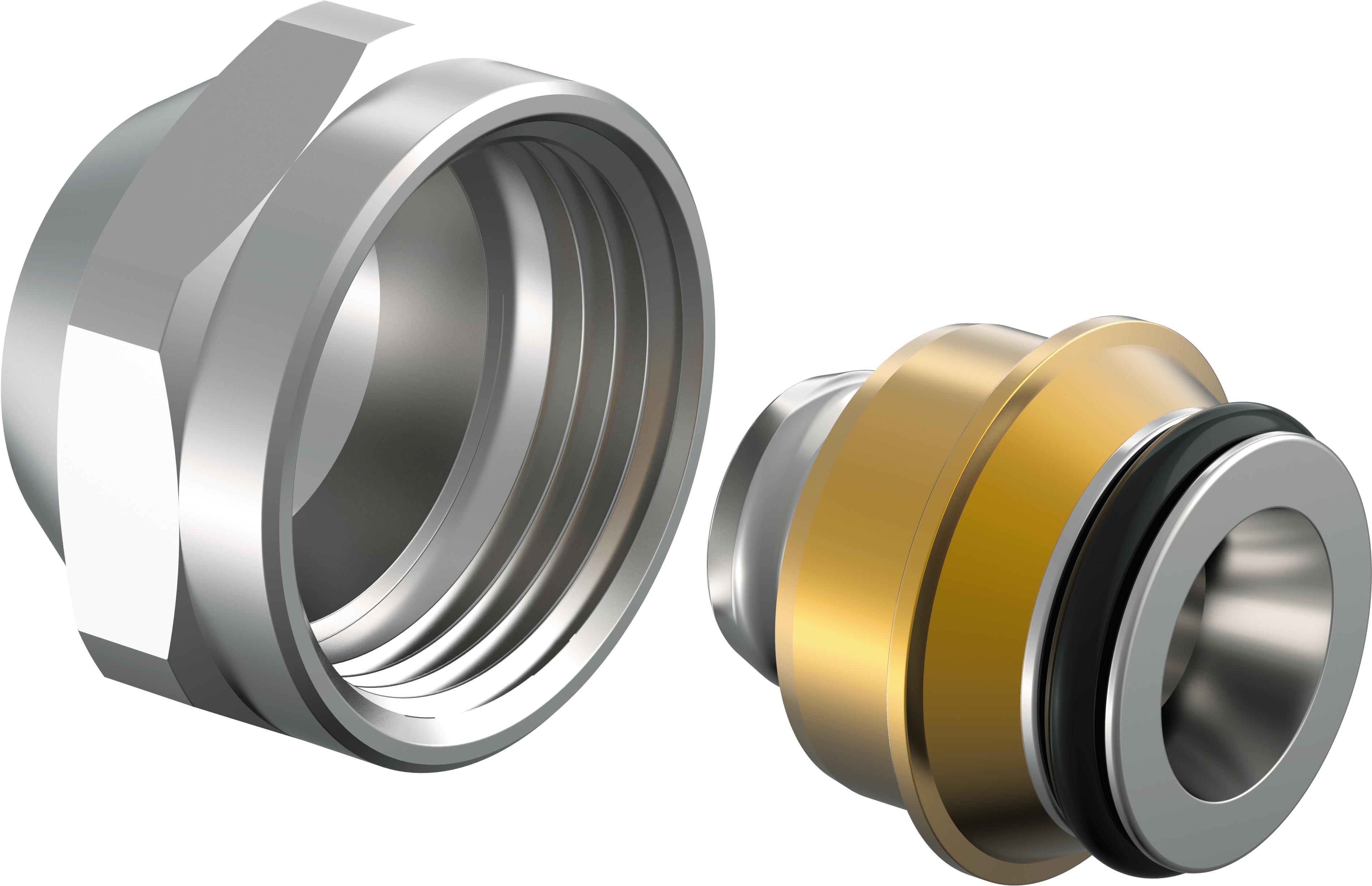 Raccord vissé en deux parties en laiton, avec écrou-raccord étamé et douille de pression
- Pour le raccordement des tubes composites Uponor, Uni Pipe PLUS / MLC, aux raccords coniques Euro ¾" AG
- Filetage intérieur selon DIN EN ISO 228-1
- Raccordement sans calibrage ni ébavurage