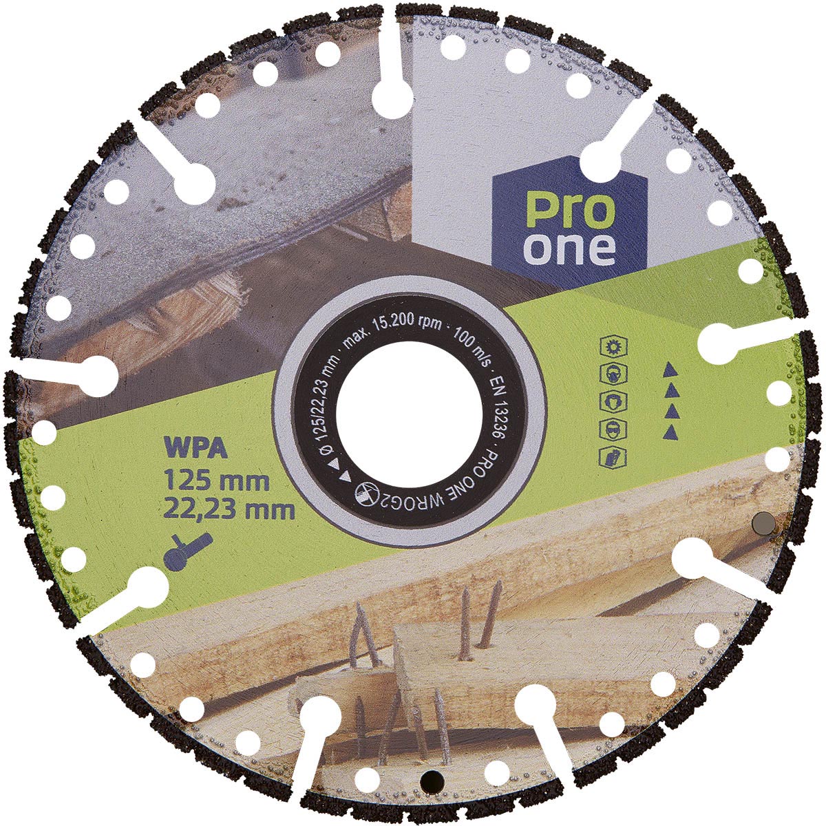 ProOne Disco diamantato WPA 115mm a secco, legno (con chiodi) bitume, cartone, piastrelle, radici di alberi, tubi di plastica