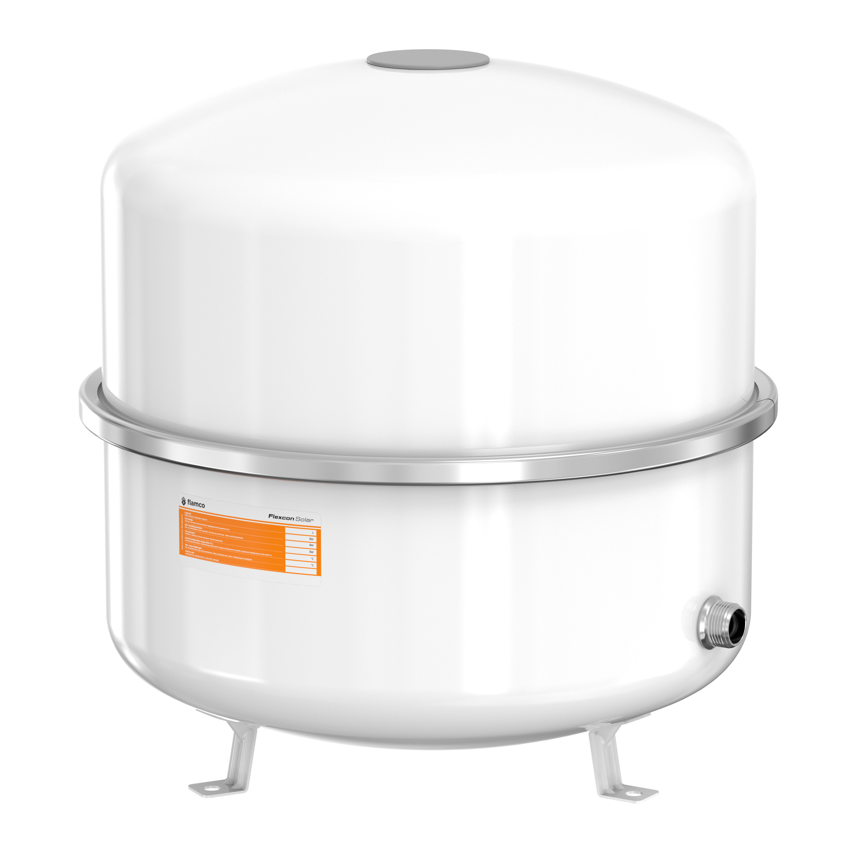 Informations sur l'article
Description Vase d'expansion Flexcon Solar [8bar]
Modèle Flexcon Solar 8 - 80
Volume [l] 18 - 80
Press. de gonfl. [bar] 2,5
Raccord R 3⁄4"
Matériau membrane / vessiecaoutchouc butylique IIR
Caractéristiques techniques
Pression de service max. : 8 bar (Selon SICC: P x V < 3000).
Vases conformes EN13831.
Convient pour des installations avec une température maximale du système de 120 ° C.
Température min./ max. admissible en continu par la membrane : -10 / 110 °C.
Moitiés des vases embouties en acier de haute qualité avec anneau de serrage en acier galvanisé.
Convient pour un ajout d'antigel à base de glycol jusqu'à 50%.
Homologation selon la directive des appareils sous pression 2014/68/EU.
Laque époxy blanc (RAL 9010).
Flexcon Solar 35 - 80 : Avec pieds et y compris kit de montage.