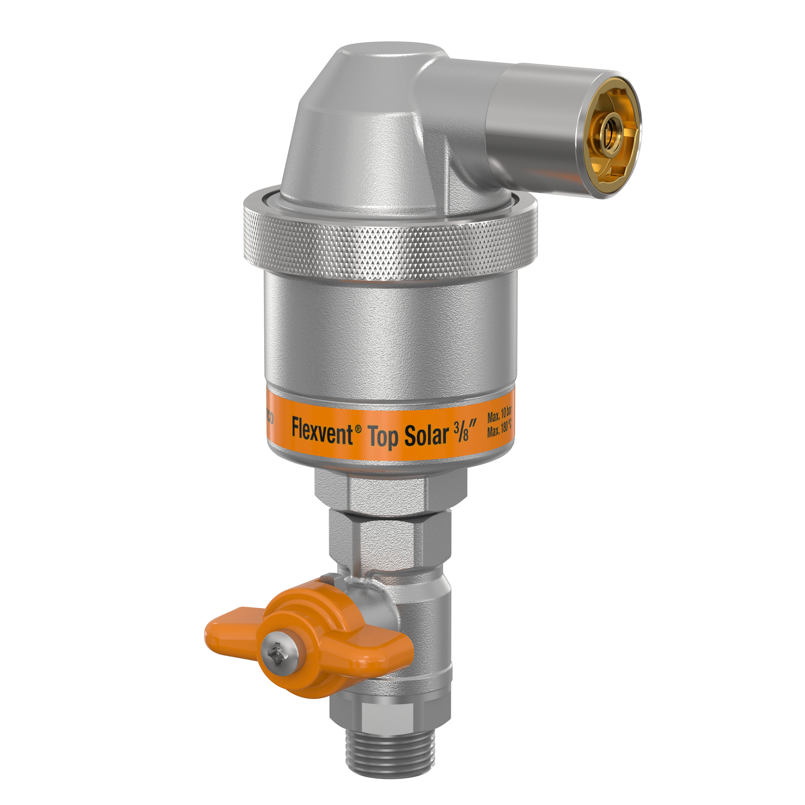 Informations sur l'article
Description Flexvent Top Solar G3/8"M
Modèle Flexvent Top Solar
DimensionsØ [mm] 54, H. [mm] 131
RaccordG 3⁄8" M
Dispositif d'arrêt non
Caractéristiques techniques
Avec vanne à bille.
Températures de service min./max.: -30 °C / 180 °C.
Pressions de service min./max.: 0,2 / 10 bar.
Convient pour un ajout d'antigel à base de glycol jusqu'à 50 %.
Convient pour un ajout d'antigel à base de éthanol jusqu'à 30%.