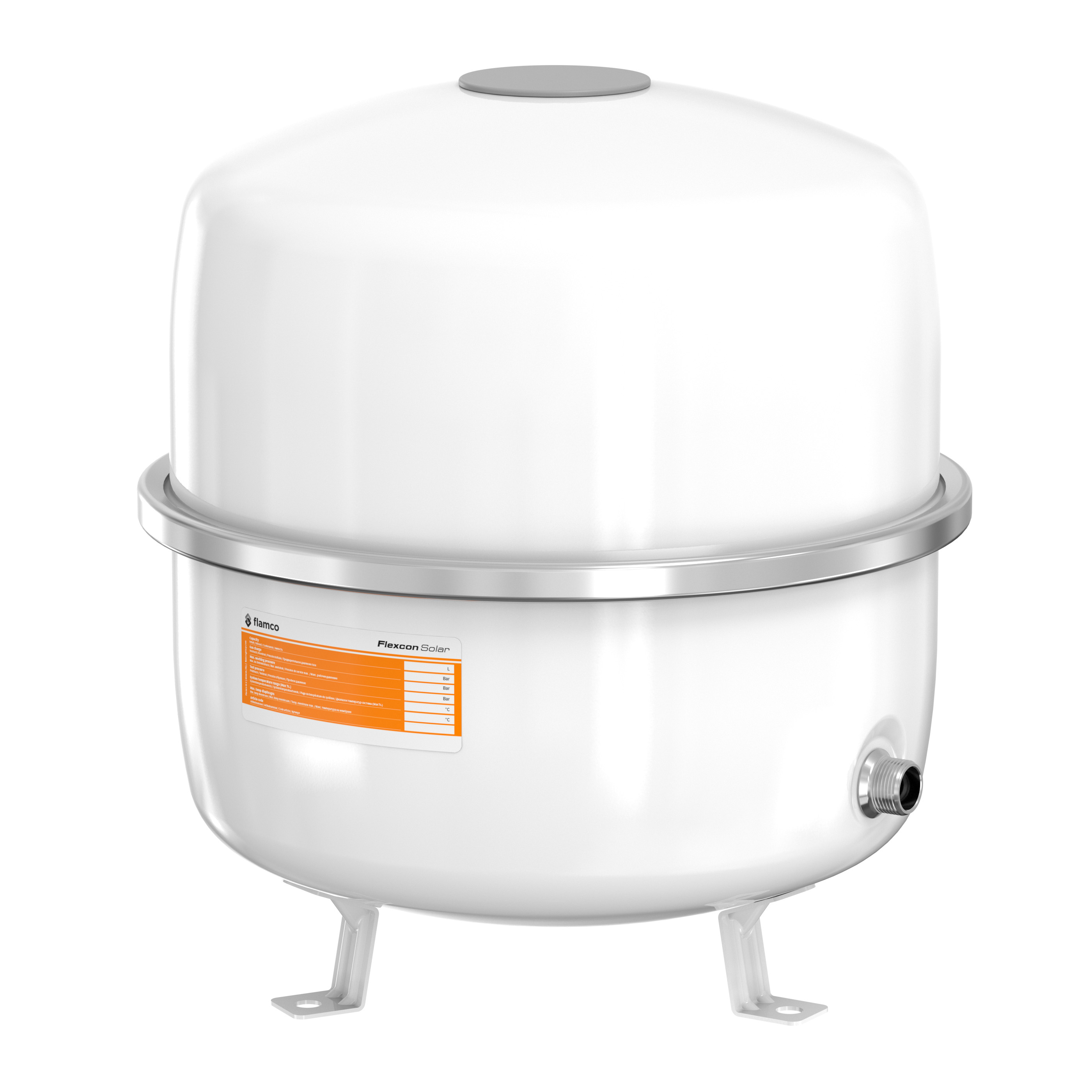 Informations sur l'article
Description Vase d'expansion Flexcon Solar [8bar]
Modèle Flexcon Solar 8 - 80
Volume [l] 18 - 80
Press. de gonfl. [bar] 2,5
Raccord R 3⁄4"
Matériau membrane / vessiecaoutchouc butylique IIR
Caractéristiques techniques
Pression de service max. : 8 bar (Selon SICC: P x V < 3000).
Vases conformes EN13831.
Convient pour des installations avec une température maximale du système de 120 ° C.
Température min./ max. admissible en continu par la membrane : -10 / 110 °C.
Moitiés des vases embouties en acier de haute qualité avec anneau de serrage en acier galvanisé.
Convient pour un ajout d'antigel à base de glycol jusqu'à 50%.
Homologation selon la directive des appareils sous pression 2014/68/EU.
Laque époxy blanc (RAL 9010).
Flexcon Solar 35 - 80 : Avec pieds et y compris kit de montage.