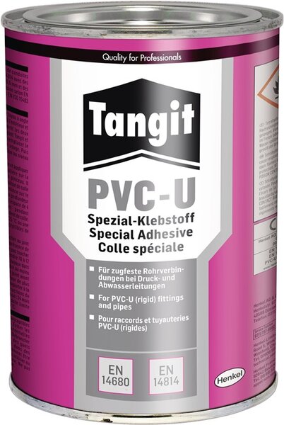Eigenschaften
- Zum Verkleben von thermoplastischen
- Druckrohrleitungssystemen aus PVC-U
- Nach EN 1452 und EN ISO 15493
- Lösemittelhaltiger Klebstoff auf Basis von
- Methylethylketon (Butanon-2)
- Offene Zeit von 3 Minuten
- Spaltfüllend und thixotrop
- Geeignet für den Kontakt mit Trinkwasser
- Tangit PVC-U Plus erfüllt die Anforderungen der DIN EN 14814, Klebstoffe für Druckrohrleitungs-
systeme aus thermoplastischen Kunststoffen
- für Fluide und DIN EN 14680, Klebstoffe für druck- lose, thermoplastische Rohrleitungssysteme
- CE-Kennzeichnung und DoP (01188) PN16 / PVC-U

Technische Daten
- Rohstoffbasis Lösungsmittelhaltiger Klebstoff auf Basis von
- Methyethylketon (Butanon-2)
- Dichte 0,90 g/cm3
- Temperaturbeständigkeit Entspricht der von PVC-U
- Offene Zeit 3 Minuten bei 20°C (Henkel Methode)
- Anwendungstemperatur +5°C - +35°C
- Endfestigkeit 24 Stunden
- Mindesthaltbarkeit 24 Monate, PVC-U Plus nicht unter +5°C lagern,
bei 20°C im ungeöffneten Originalgebinde 24 Monate ab Herstelldatum