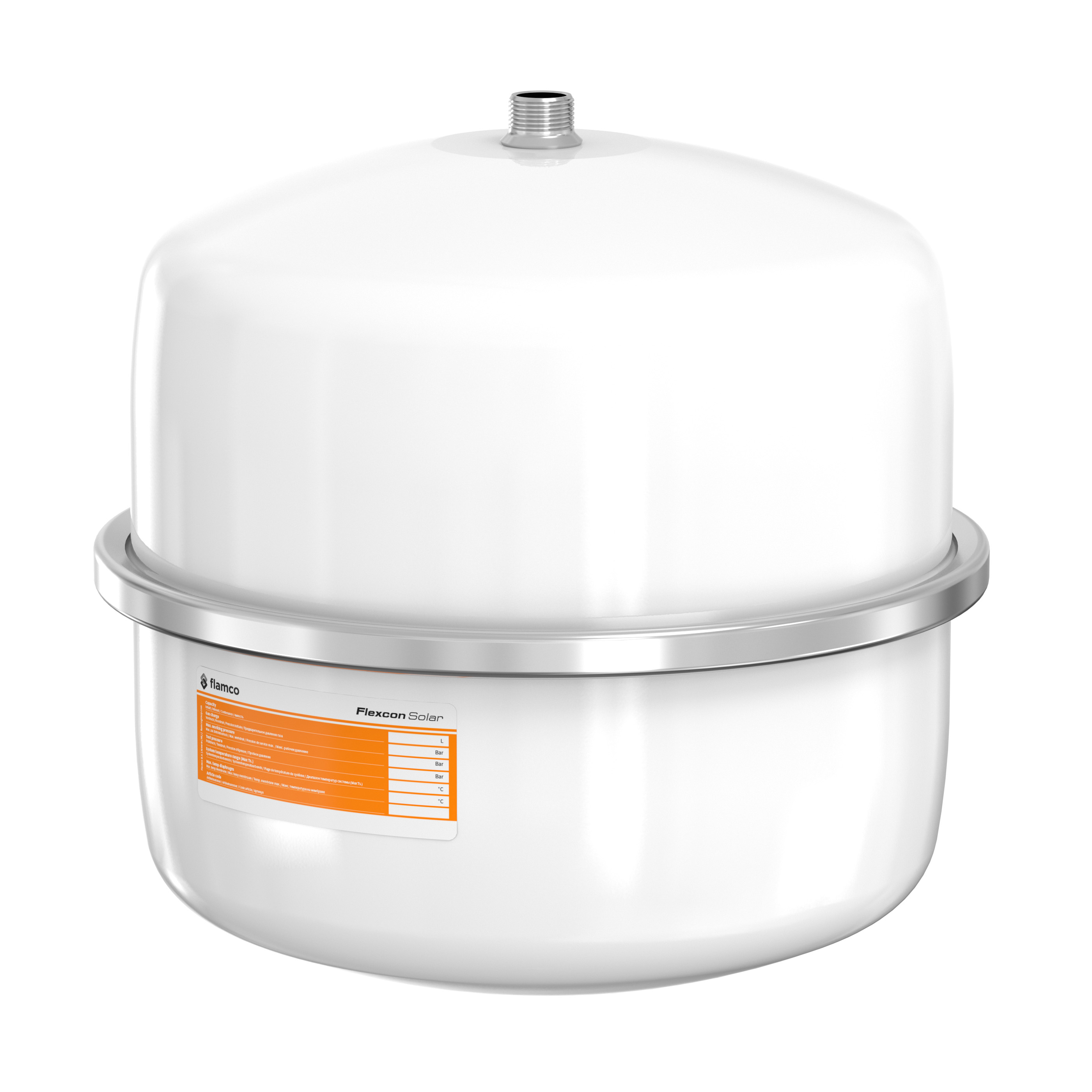 Informations sur l'article
Description Vase d'expansion Flexcon Solar [8bar]
Modèle Flexcon Solar 8 - 80
Volume [l] 18 - 80
Press. de gonfl. [bar] 2,5
Raccord R 3⁄4"
Matériau membrane / vessiecaoutchouc butylique IIR
Caractéristiques techniques
Pression de service max. : 8 bar (Selon SICC: P x V < 3000).
Vases conformes EN13831.
Convient pour des installations avec une température maximale du système de 120 ° C.
Température min./ max. admissible en continu par la membrane : -10 / 110 °C.
Moitiés des vases embouties en acier de haute qualité avec anneau de serrage en acier galvanisé.
Convient pour un ajout d'antigel à base de glycol jusqu'à 50%.
Homologation selon la directive des appareils sous pression 2014/68/EU.
Laque époxy blanc (RAL 9010).
Flexcon Solar 35 - 80 : Avec pieds et y compris kit de montage.