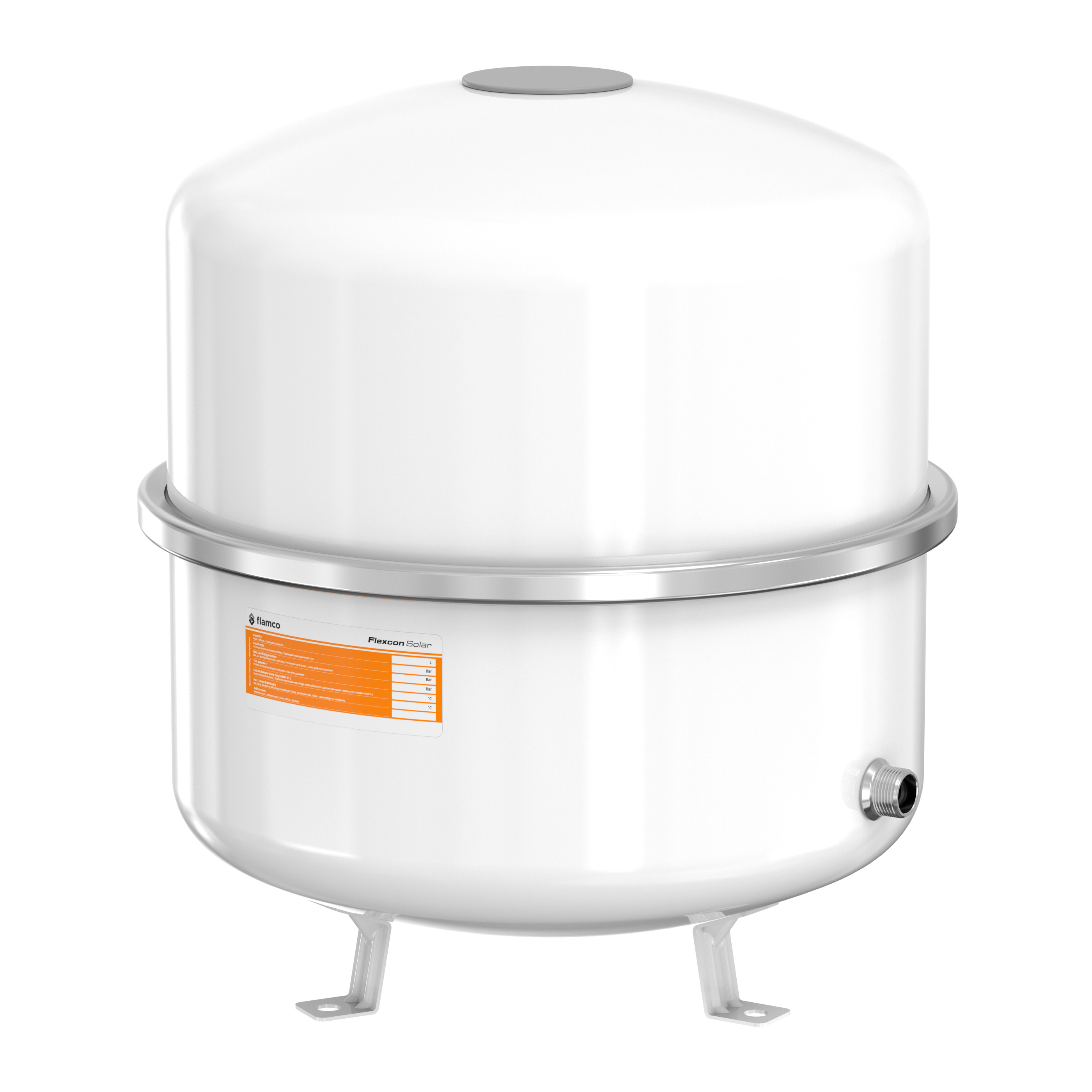 Informations sur l'article
Description Vase d'expansion Flexcon Solar [8bar]
Modèle Flexcon Solar 8 - 80
Volume [l] 18 - 80
Press. de gonfl. [bar] 2,5
Raccord R 3⁄4"
Matériau membrane / vessiecaoutchouc butylique IIR
Caractéristiques techniques
Pression de service max. : 8 bar (Selon SICC: P x V < 3000).
Vases conformes EN13831.
Convient pour des installations avec une température maximale du système de 120 ° C.
Température min./ max. admissible en continu par la membrane : -10 / 110 °C.
Moitiés des vases embouties en acier de haute qualité avec anneau de serrage en acier galvanisé.
Convient pour un ajout d'antigel à base de glycol jusqu'à 50%.
Homologation selon la directive des appareils sous pression 2014/68/EU.
Laque époxy blanc (RAL 9010).
Flexcon Solar 35 - 80 : Avec pieds et y compris kit de montage.