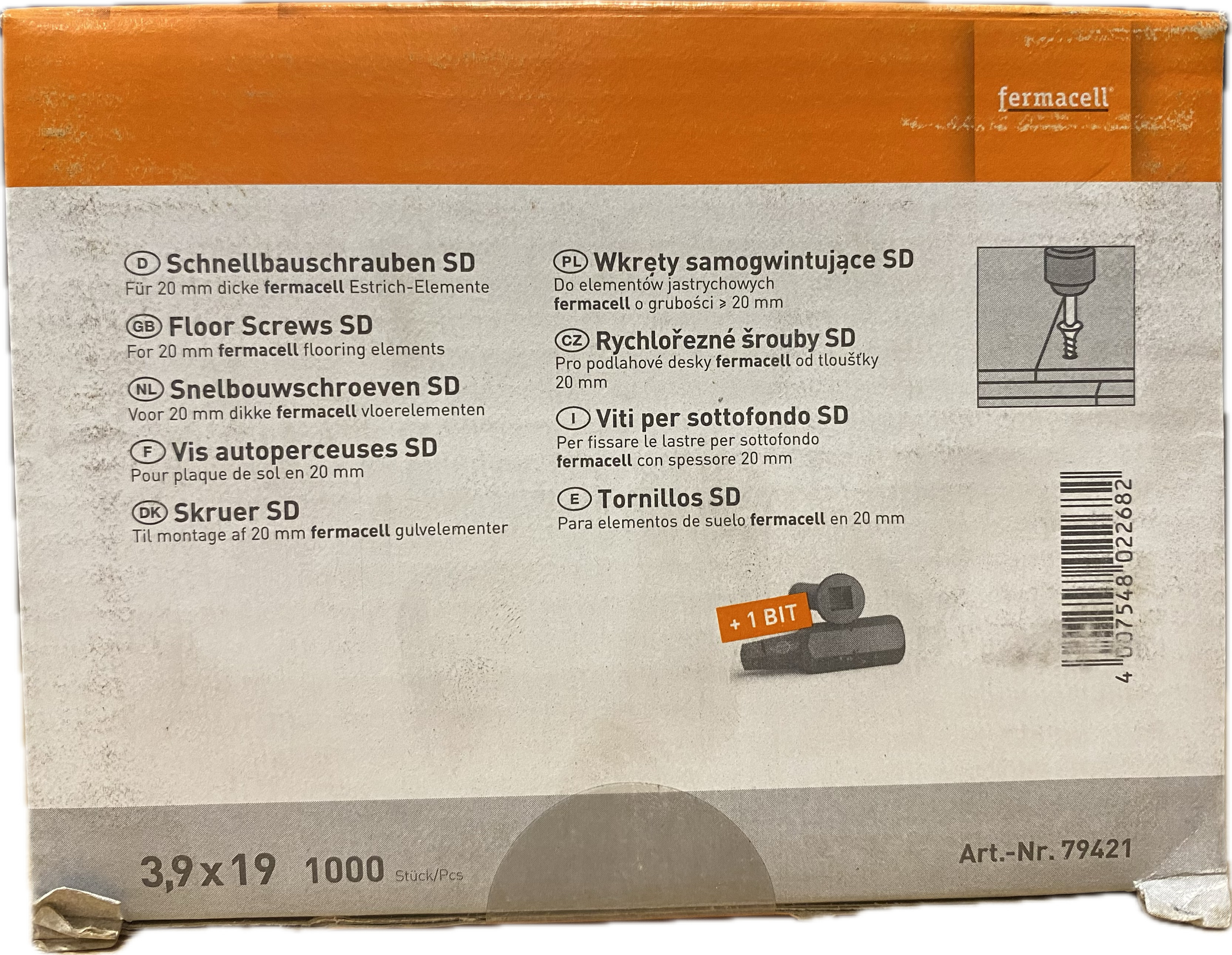 Vis à plancher à empreinte carrée 3,9 x 19 mm boîte de 1000 pcs Art 79421
