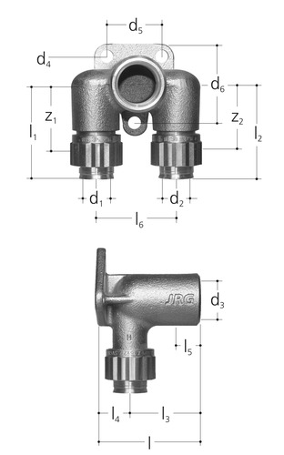 JRG Sanipex Raccord de robinetterie, double, Bronze d-d 16 - 16 mm, GN 1/2 inch
