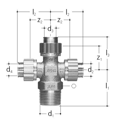 JRG Sanipex Croix Té bronze Avec filetage mâle  d-d-d 16 - 16 - 16 mm