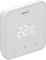 Mesure et affiche la température ambiante et l'humidité relative
- Compatible avec les régulateurs Smatrix Wave
Fonctions :
- Touches capacitives sur la face avant
- Affichage des besoins en chauffage ou en refroidissement
- Mesure de l'humidité relative
- Affichage confort/ECO
- Modification de la baisse ECO
- Refroidissement autorisé (pièce par pièce)
- Affichage en degrés Celsius ou Fahrenheit
- Modes de fonctionnement : température ambiante (RT), interne avec sonde de sol max./min. (RFT), sonde à distance (RS), sonde extérieure (RO)
- Indicateur de niveau de batterie
- Calibrage de la température
- En option : possibilité de raccorder une sonde de sol
Comprend :
- Thermostat Uponor Smatrix Wave D+RH T-267
- 2 piles AAA
- Matériel de fixation