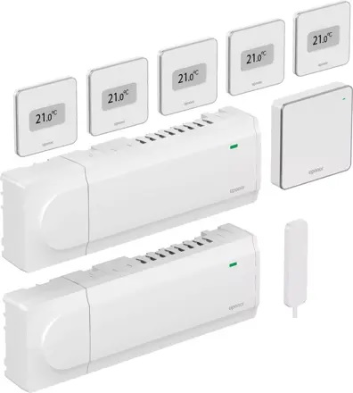 Kit de base pour maison individuelle
- Extensible
- Compatible avec le module de régulation Uponor Smatrix Wave Pulse X-265
Composé de :
- 1 x Uponor Smatrix Pulse Com R-208
- 2 x module de régulation Uponor Smatrix Wave Pulse X-265
- 5 x thermostat Uponor Smatrix Wave D + RH Style T-169
- Guide de démarrage rapide
- Consignes de sécurité
- Matériel de montage