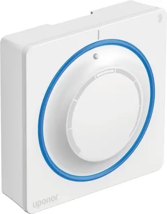 Mesure la température ambiante ressentie
Fonctions :
- Indicateur de fonctionnement chauffage ou refroidissement
- Commutateur DIP pour activer le traitement du signal de la minuterie
- Plage de consigne : + 5 °C ... + 35 °C
- Possibilité de sélectionner la fonction minuterie
Composé de :
- Sonde d'ambiance Uponor Smatrix Wave T-165 POD
- 2 piles AAA
- Matériel de fixation avec cadre mural