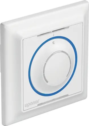 Mesure la température ambiante ressentie
- Modèle encastré avec molette de réglage
- À installer dans des boîtiers encastrés de 60 mm
Fonctions :
- Indicateur de fonctionnement chauffage ou refroidissement
- Commutateur DIP pour activer le traitement du signal de l'horloge
- Plage de consigne : + 5 °C ... + 35 °C
Composé de :
- Sonde d'ambiance Uponor Smatrix Base UP T-144 Bus
- Cadre de recouvrement
- Matériel de fixation