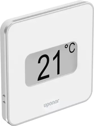 Mesure et affiche la température ambiante ressentie ainsi que l'humidité relative de l'air  Fonctions :  - Indicateur de fonctionnement chauffage ou refroidissement  - Mesure de l'humidité ambiante et réglage d'une valeur maximale  - Affichage de la fonction de réduction  - Modification de la température de réduction  - Refroidissement autorisé (pièce par pièce)  - Sélection de l'affichage de la température en degrés Celsius /, &nbsp; &nbsp;Fahrenheit  - Sélection des fonctions de régulation : température ambiante (RT), avec, &nbsp; &nbsp;sonde de sol max. / min. (RFT), sonde à distance (RS), sonde extérieure, &nbsp; &nbsp;sans fil (RO)  - Plage de consigne : + 5 °C ... + 35 °C  - Calibrage de la température  - Compatible avec le régulateur Smatrix Move H/K X-158  - En option : possibilité de raccordement d'une sonde de sol / à distance, &nbsp; &nbsp;ou extérieure Composé de :  - Sonde d'ambiance Uponor Smatrix Wave D+RH Style T-169  - 1 pile CR2032  - Matériel de fixation