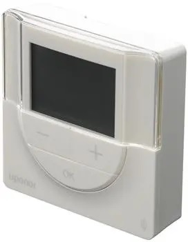 Mesure et affiche la température ambiante ressentie ainsi que l'humidité relative de l'air
Fonctions :
- Indicateur de fonctionnement chauffage ou refroidissement
- Mesure de l'humidité ambiante
- Affichage de la température de réduction
- Réglage numérique de la température
- Assistant de réglage de l'heure
- 6 profils de réduction préprogrammés
- 1 profil de réduction librement programmable
- Refroidissement autorisé (pièce par pièce)
- Sélection de l'affichage de la température en Celsius / Fahrenheit
- Sélection des fonctions de régulation : température ambiante (RT), avec sonde de sol max. / min (FT), sonde à distance (FS), sonde extérieure (RO)
- Rétroéclairage de l'écran (s'éteint 10 secondes après utilisation)
- Affichage de la version du logiciel à la mise en marche
- Compatible avec l'unité de régulation Uponor Smatrix Move X-157 câblée (1071693)
- Plage de consigne 5 - 35 °C
- Possibilité de raccordement d'une sonde de sol / à distance ou extérieure
Composé de :
- Sonde d'ambiance programmable Uponor Smatrix Wave + RH T-168
- 2 piles AAA
- Matériel de fixation avec support mural et support de table