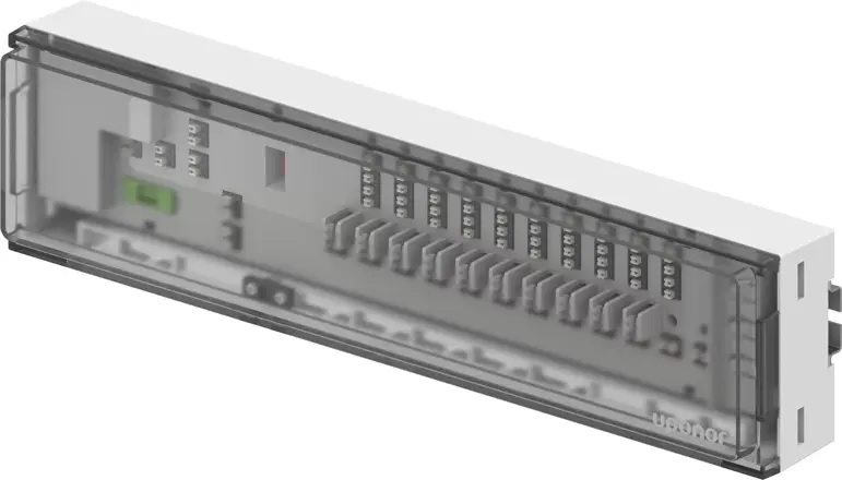 Régulateur avec fonction d'équilibrage automatique pour câblage standard 230 V
- Prend en charge jusqu'à 10 thermostats d'ambiance (230 V) par régulateur
- Prend en charge jusqu'à 12 servomoteurs (230 V) par régulateur, attribution flexible
- Commutation silencieuse des servomoteurs
- Pour les applications de chauffage et de refroidissement
- L'équilibrage automatique optimise la consommation d'énergie et le confort
- Interrupteur pour activer/désactiver la fonction d'équilibrage automatique
- Relais de pompe et de chaudière
- Contournement de la limite de temps avec équilibrage automatique
- Entrées : interrupteur pour chauffage/refroidissement, condensation, interrupteur jour/nuit
- 4 fils pour le raccordement du thermostat avec toutes les fonctions (jour/nuit - signal)
- Fonctionne également comme thermostat à 3 fils (2 fils pour l'alimentation électrique 230 V, 1 sortie 230 V)
- Bornes de raccordement pour thermostat/servomoteur 0,13 ... 1,5 mm²
- Protection contre les surcharges
- Indice de protection : IP20
- Remarque : pour le refroidissement, le kit de condensation S-80 est recommandé
Composé de :
- Régulateur de base Uponor X-80
- Matériel de montage, rail DIN inclus
- Attention : câble d'alimentation non inclus