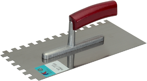 Cazzuola (Frattazzo) curvata, per colle dentato in acciaio, 10 10 10 mm lama 280 130 mm, manico in legno
