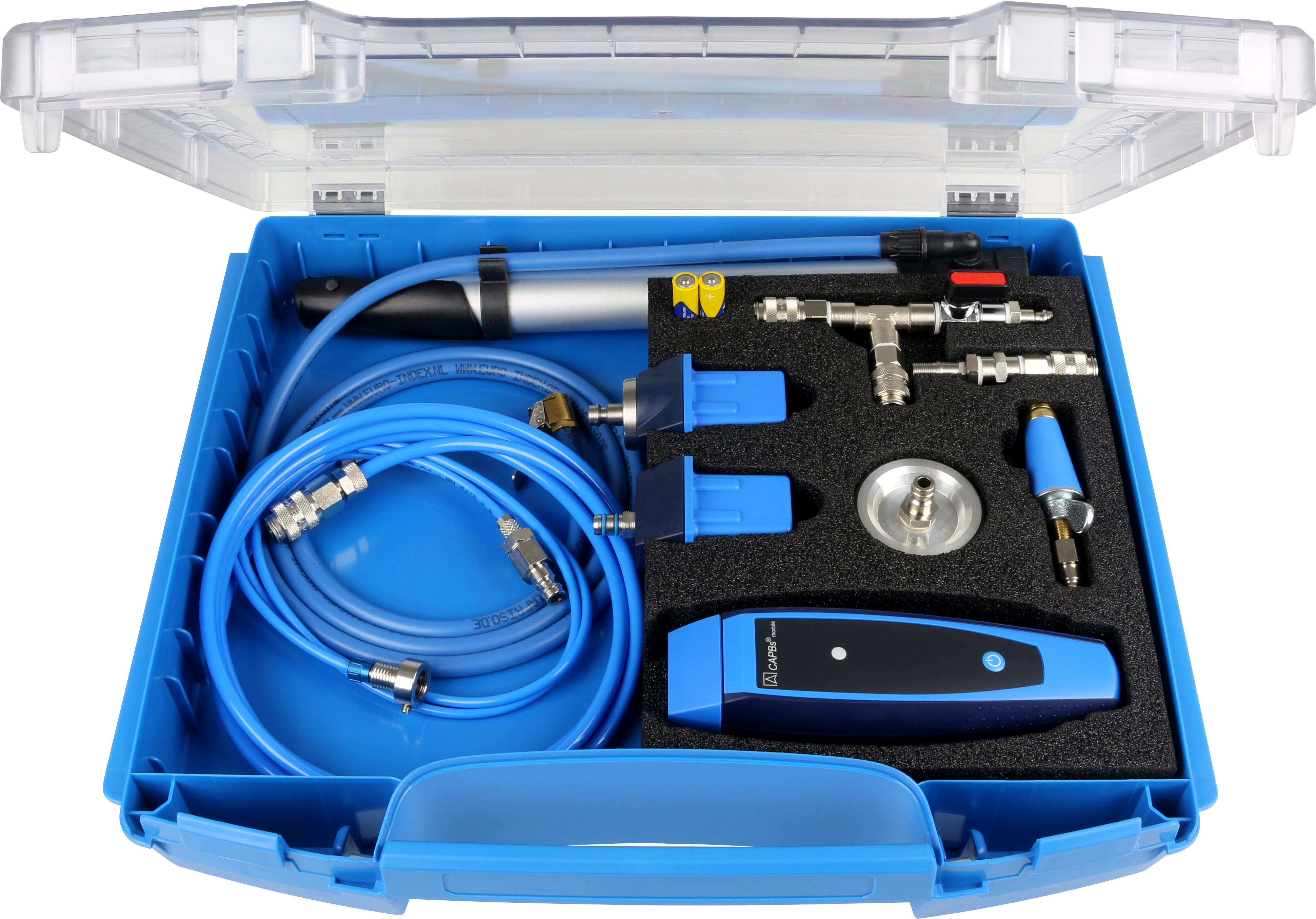 Composé de  :  Modules CAPB pour CAPB interchangeables sens  CAPB sens PS40 pression 0-6 bar 1xD8  CAPB sens PT70 transmetteur de pression 0-25 bar  Bouchons à gradins 1/2« et 1 » avec raccord DN5  Bouchons de contrôle coniques 1/2« - 3/4 » avec raccord DN5  Raccord en T 2xraccord, 1-vanne d'arrêt, 1xfiche  Pour kit d'eau potable  Tuyau de raccordement 2,0 m Raccord DN5 - Raccord DN5  Tuyau de raccordement entre le raccord en Y et  l'échantillon à tester.  Tuyau de raccordement 1 m Raccord D8, fiche DN5  i-Boxx avec entrée pour la Suisse  Pile Micro AAA LR03 1,5 V  Pompe à main avec pince ADV  Adaptateur pour raccord de vanne Raccord DN5 sur vanne  Carton ondulé pliable&nbsp; 368 x 317 x 75 mm blanc  Autocollant pour valise « Plus d'informations et vidéo ; code QR