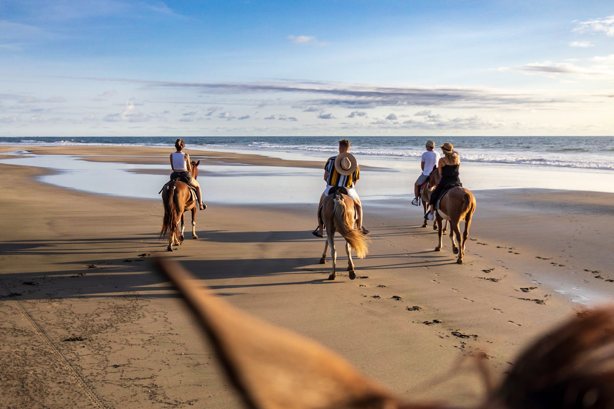 Grupo de personas montando a caballo por la orilla de la playa al atardecer