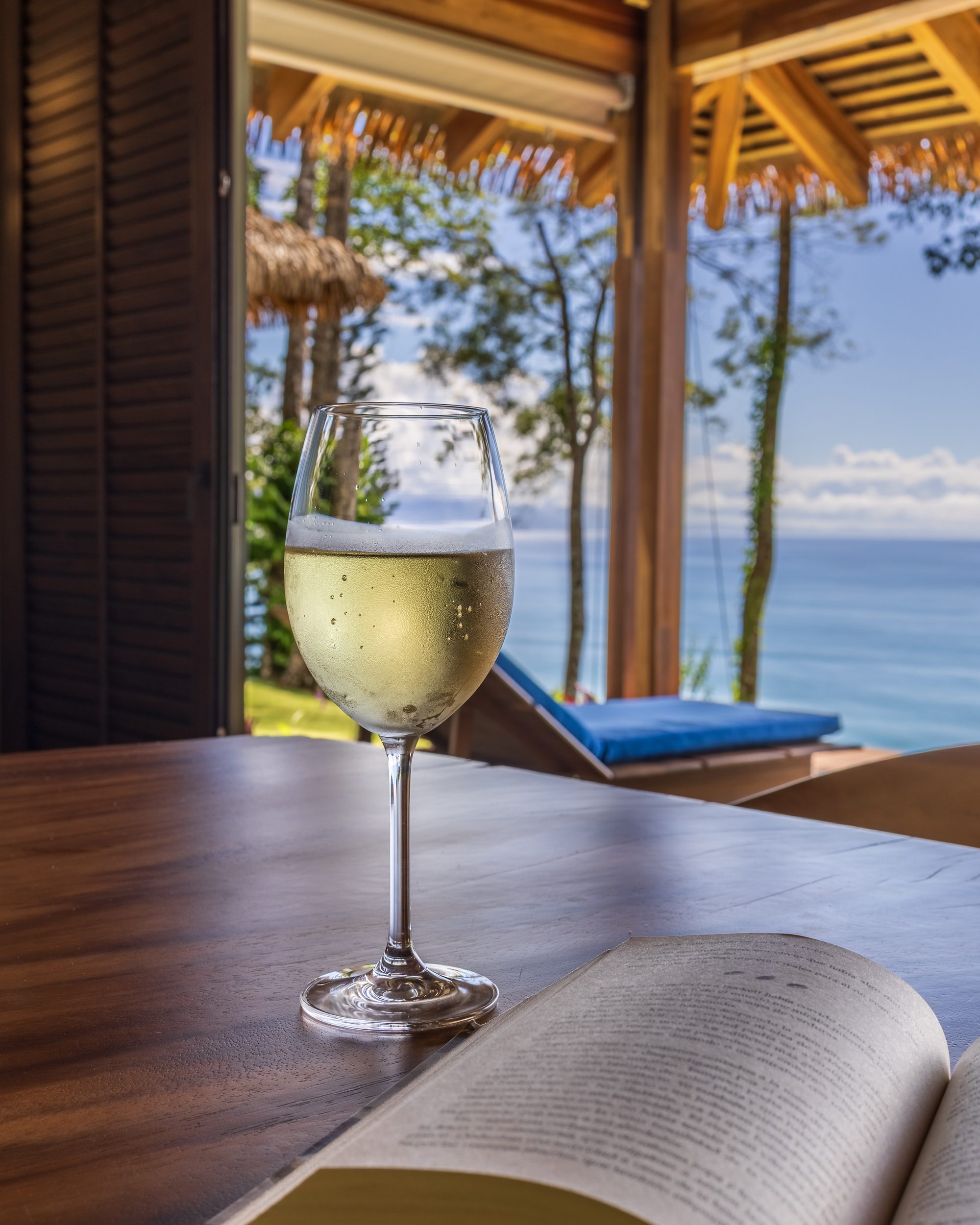 Glass of white wine and open book on a table with ocean view.