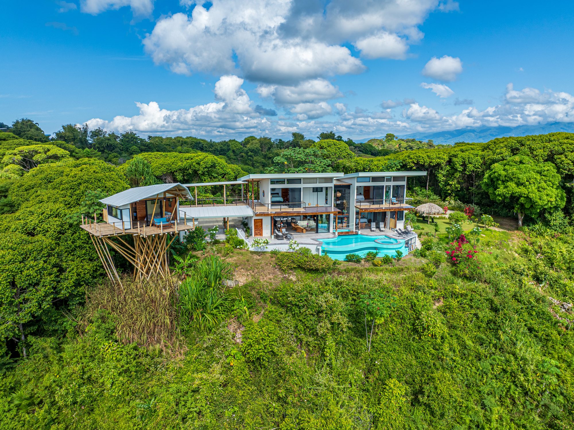 Aerial view of a modern villa with pool and treehouse surrounded by tropical jungle.