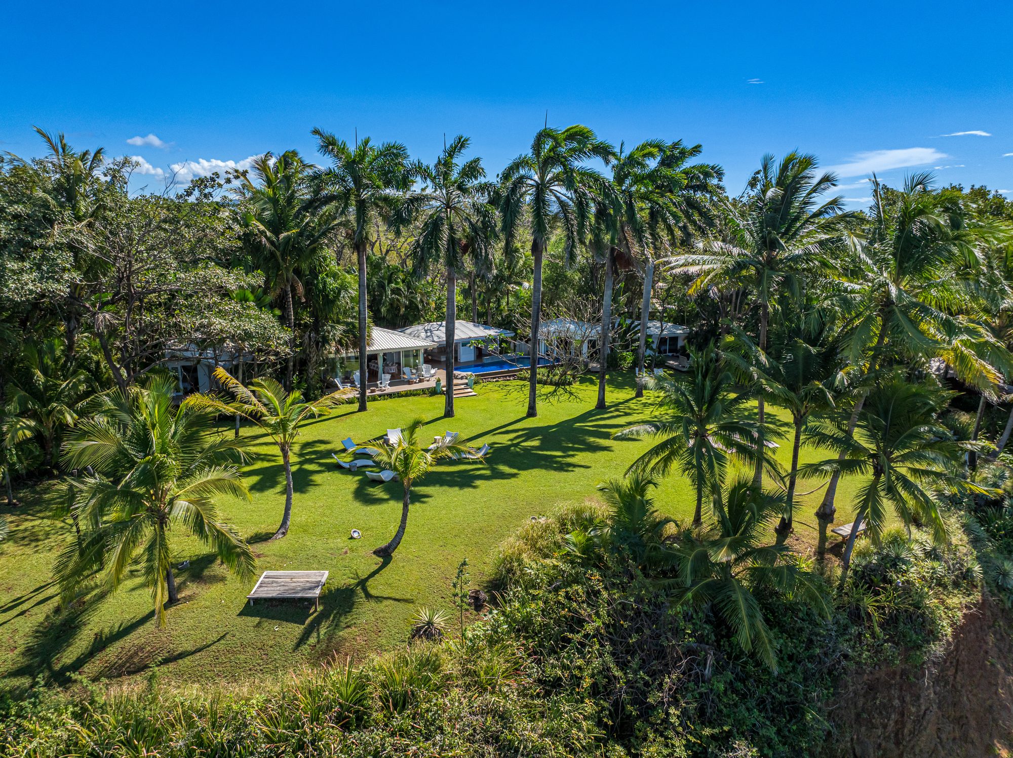 Aerial view of a villa surrounded by palm trees with pool and tropical garden.