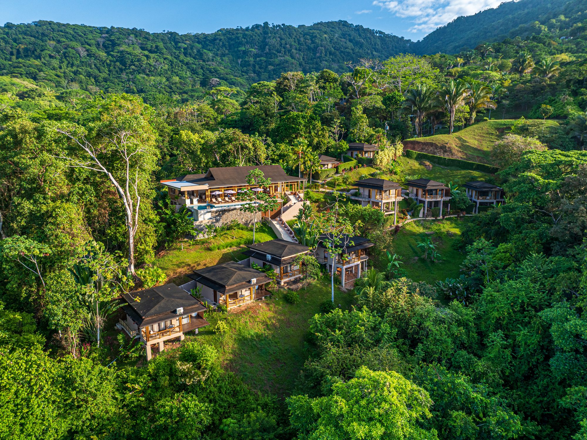 Vista aérea de un complejo de villas de lujo rodeado de selva en Uvita