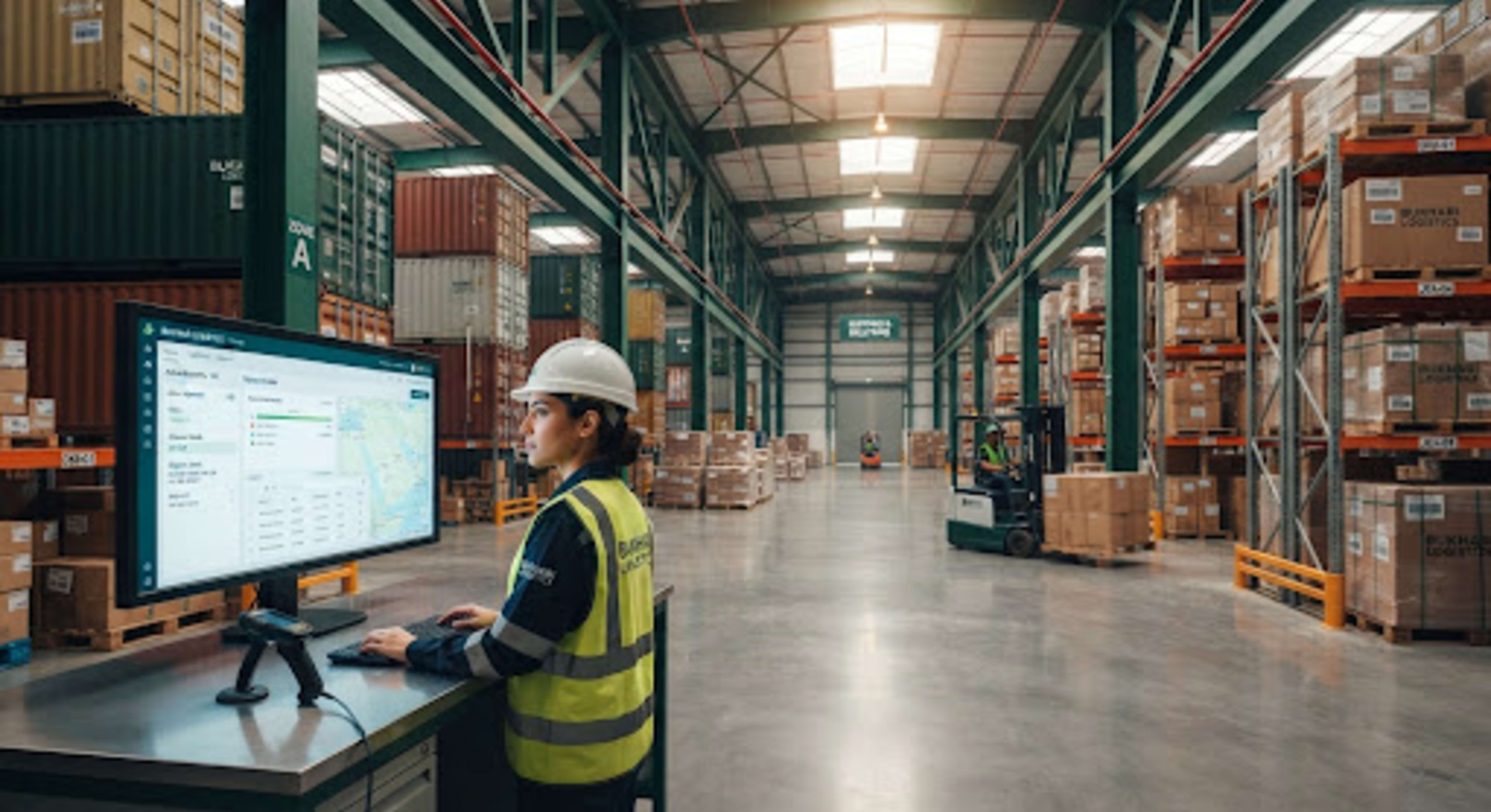 Logistics specialist coordinating goods inside a modern distribution warehouse