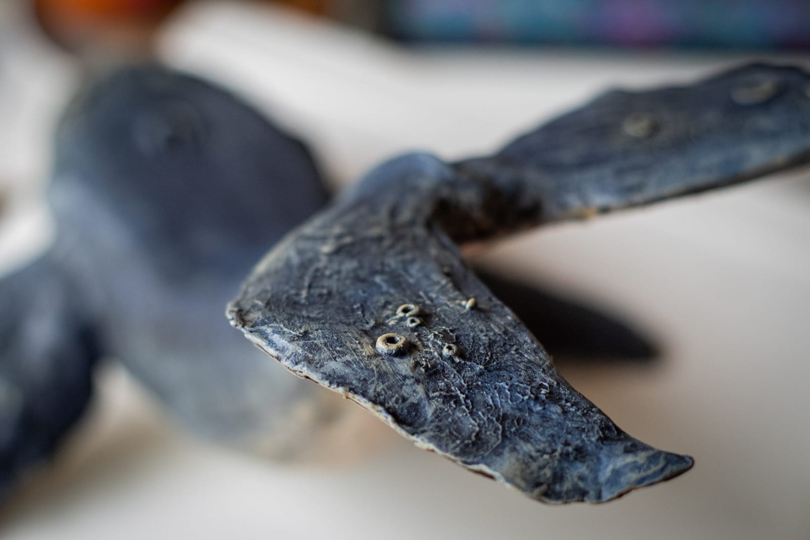 Ceramic whale, barnacle textures along the jaw