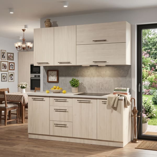 Custom-built kitchen cabinet with marble countertop.