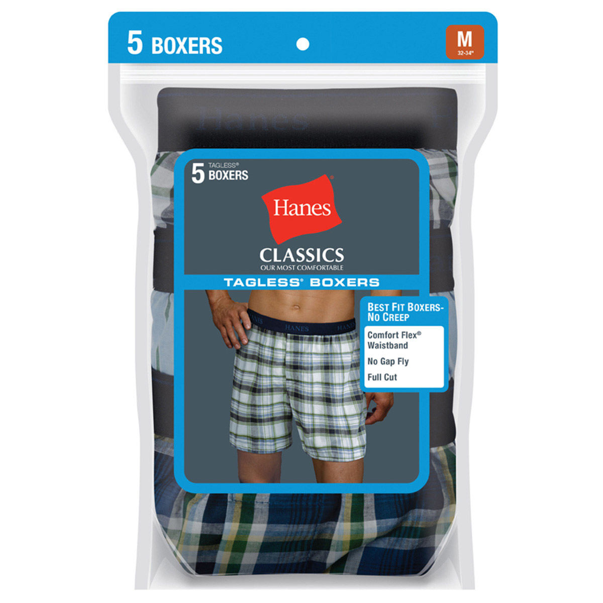 Hanes Men's Classics Tagless Boxers, 5-Pack, Various Patterns