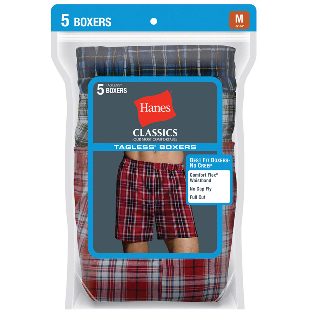 Hanes Men's Classics Tagless Boxers, 5-Pack, Various Patterns