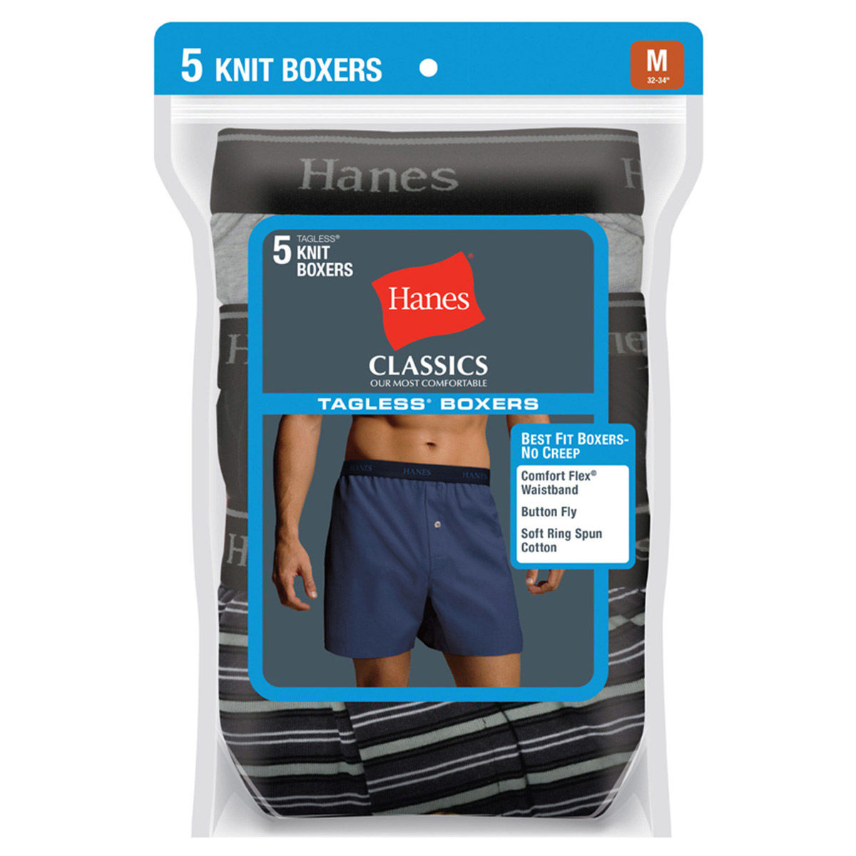 Hanes Men's Classics Tagless Knit Boxers, 5-Pack, Various Patterns