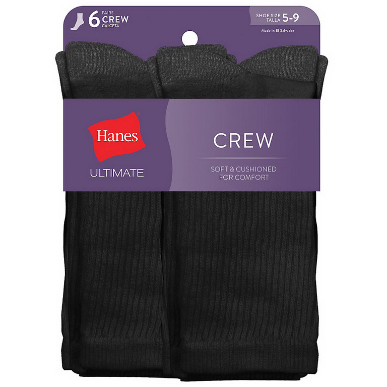 Hanes Women's Ultimate Crew Socks, 6-Pack - Black, 5-9