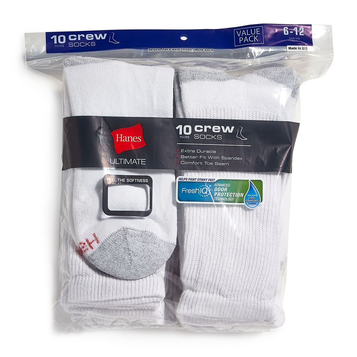 Hanes Men's Ultimate Crew Socks, 10-Pack - White, L