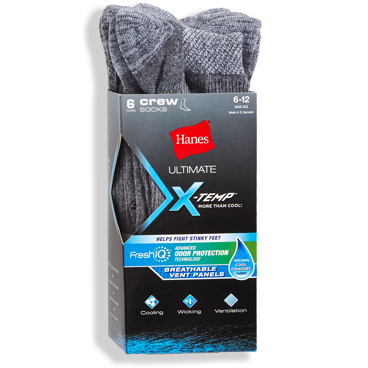 Hanes Men's X-Temp Comfort Cool Crew Socks, 6 Pack - Black, 10-13