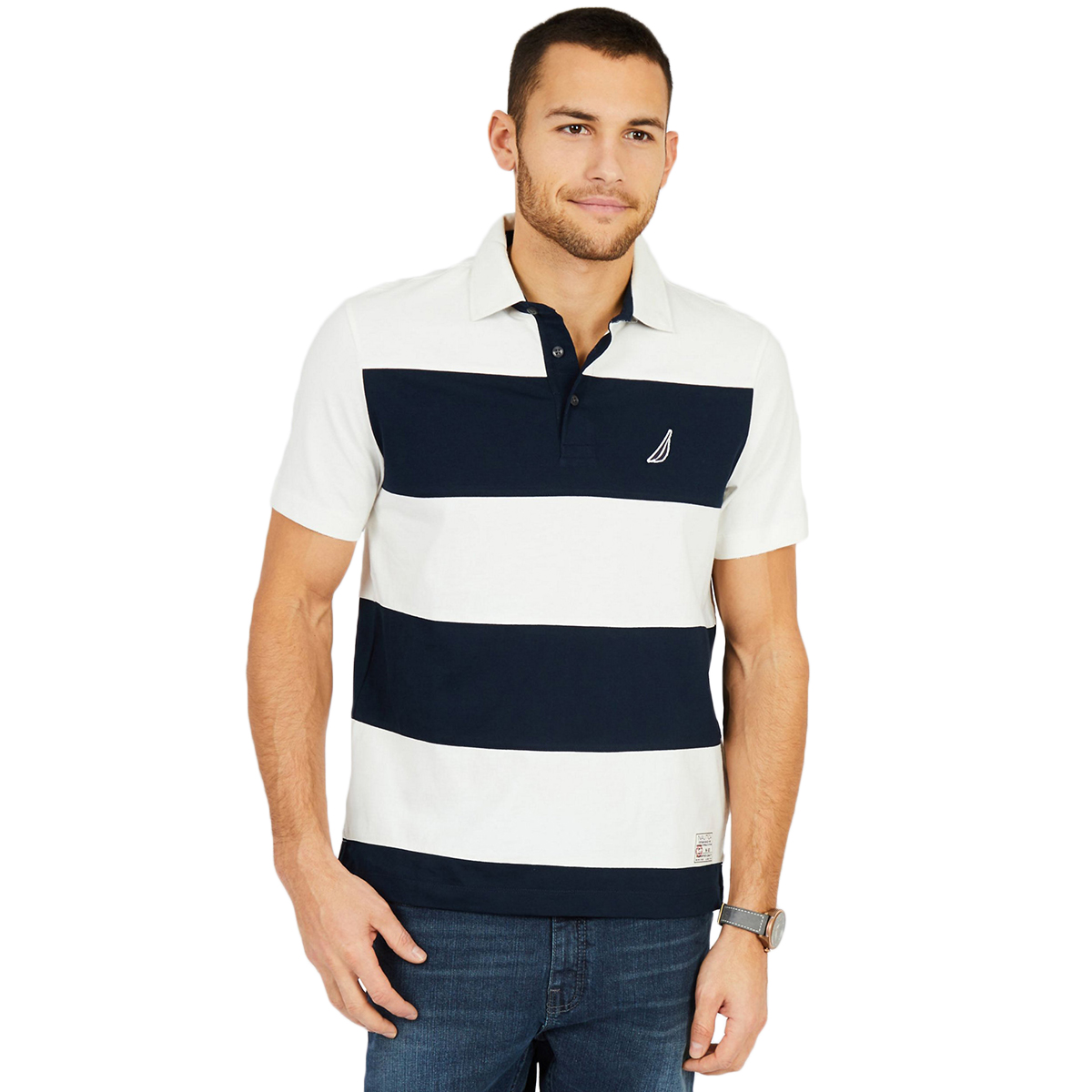 Nautica Men's Short Sleeve Classic Fit Rugby Stripe Polo Shirt - White, M