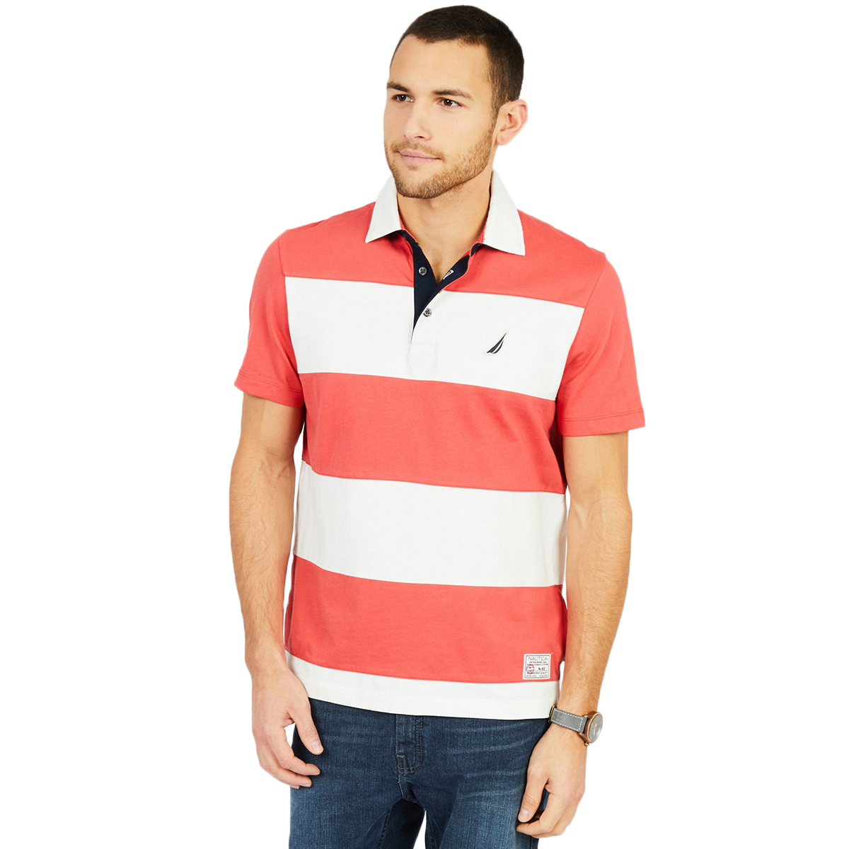 Nautica Men's Short Sleeve Classic Fit Rugby Stripe Polo Shirt - Red, XL