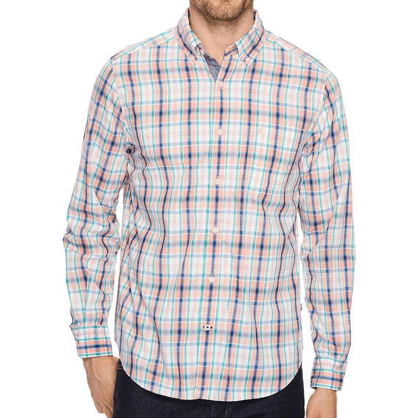 Nautica Men's Plaid Classic Fit Long-Sleeve Shirt - Orange, M