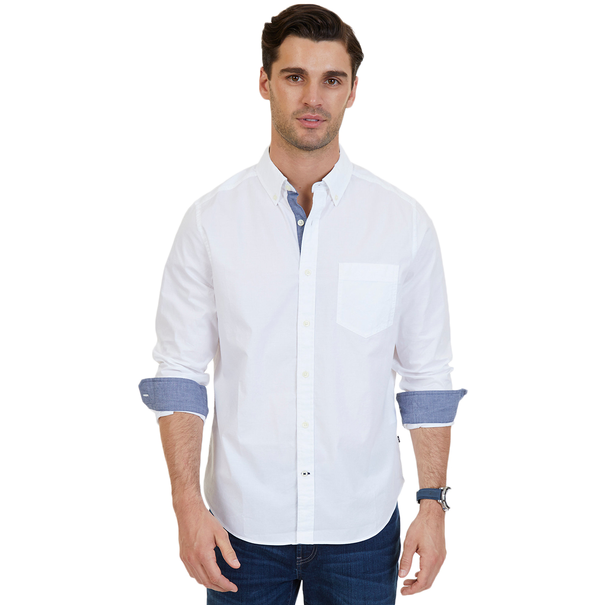 Nautica Men's Classic Fit Soft Wash Long Sleeve Button Down Shirt - White, M