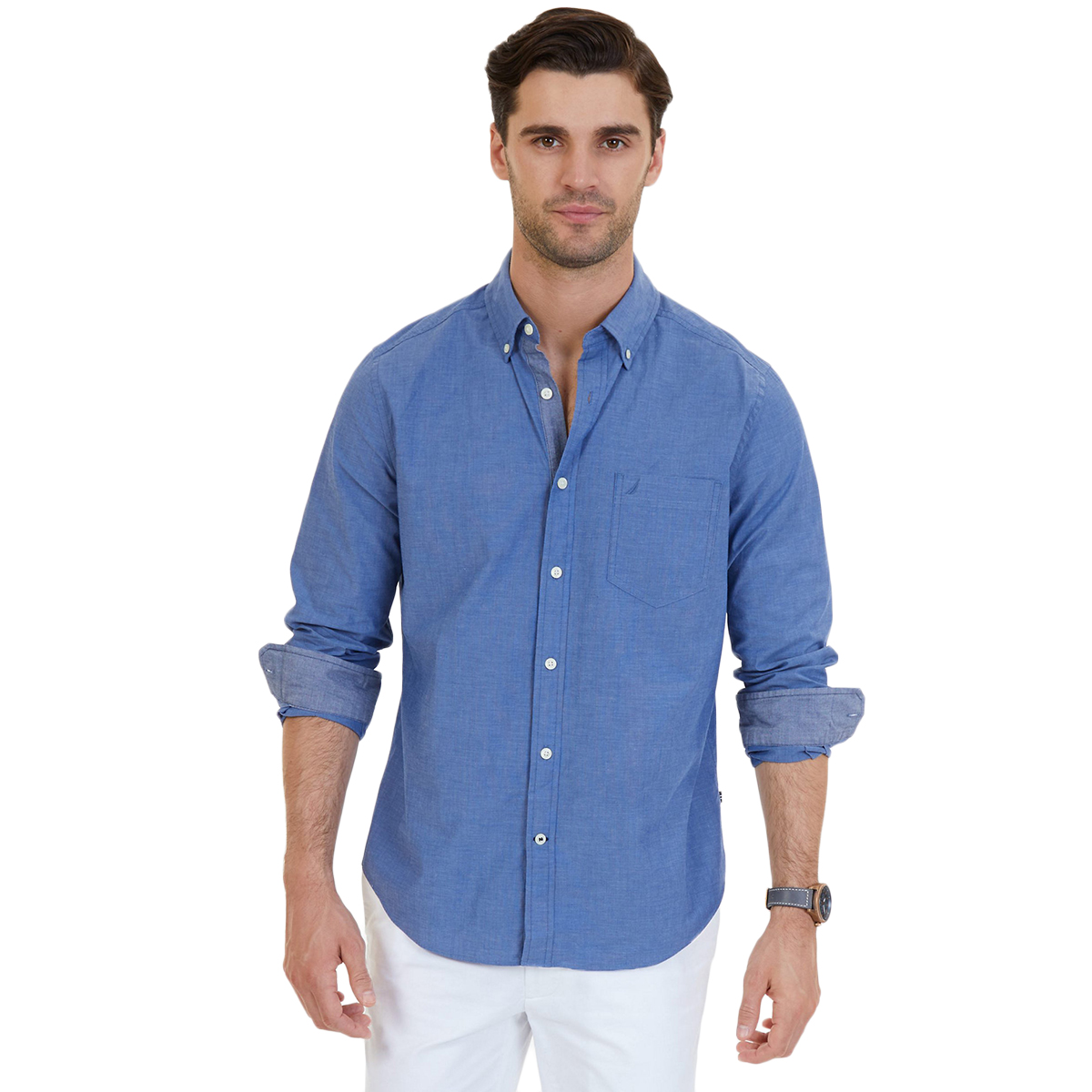 Nautica Men's Classic Fit Soft Wash Long Sleeve Button Down Shirt - Blue, L