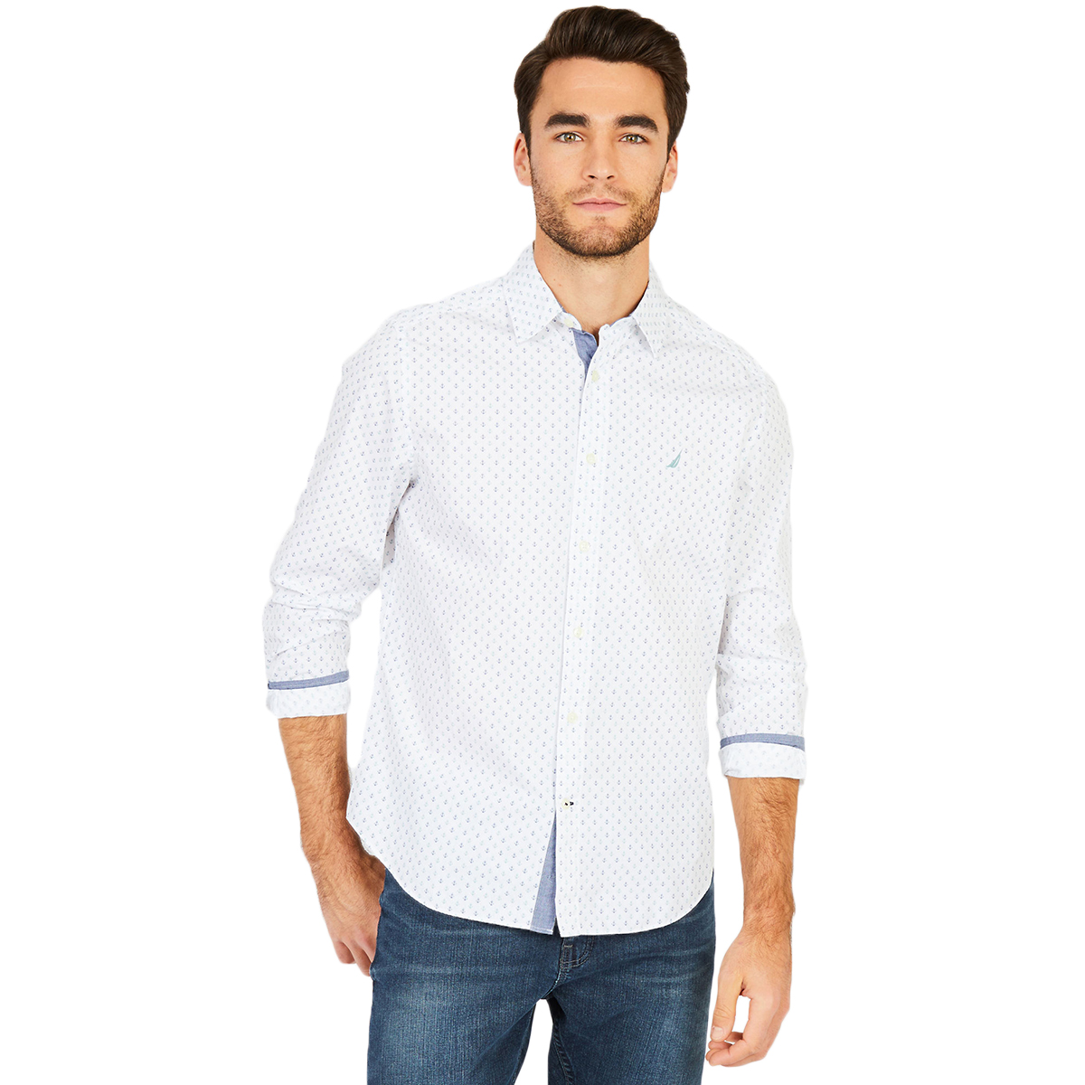 Nautica Men's Classic Fit Anchor Print Long Sleeve Button Down Shirt - White, XL