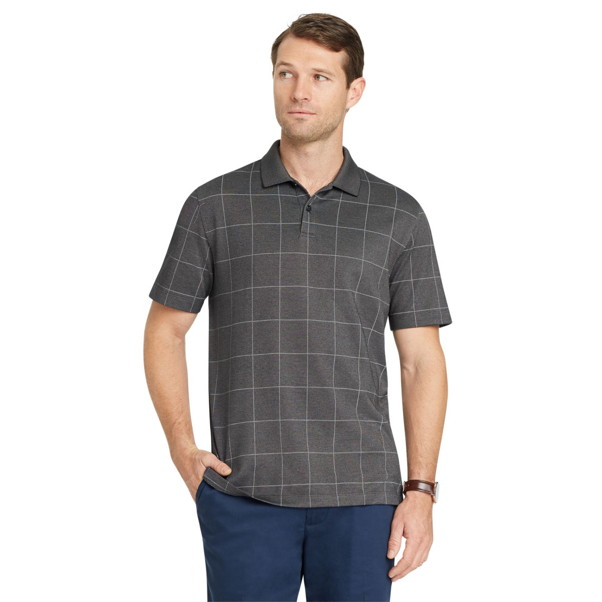 Van Heusen Men's Flex Print Windowpane Short-Sleeve Polo Shirt - Black, M