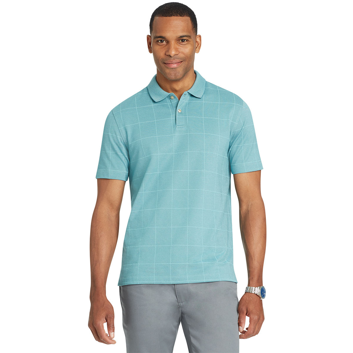 Van Heusen Men's Flex Print Windowpane Short-Sleeve Polo Shirt - Green, M