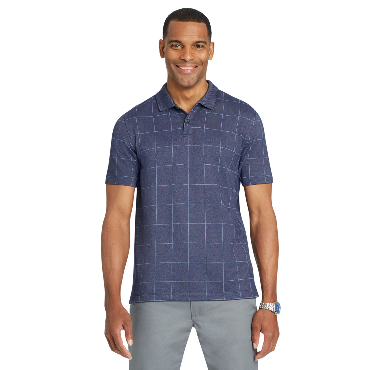 Van Heusen Men's Flex Print Windowpane Short-Sleeve Polo Shirt - Blue, L